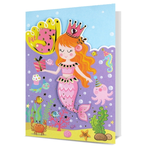 KARTKA 5 URODZINY PIN SYRENKA FIOLETOWO-RÓŻOWA 19x13cm