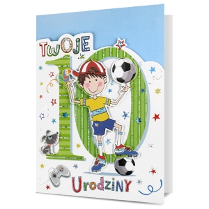 KARTKA 10 URODZINY PIN PIŁKARZ BIAŁO-BŁĘKITNA 19x13cm