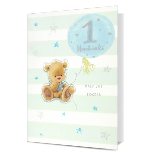KARTKA ROCZEK MIŚ BALON PASKI BŁĘKITNA 19x13cm