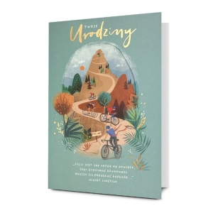 KARTKA URODZINOWA ROWERZYŚCI W GÓRACH BŁĘKITNA 19x13cm