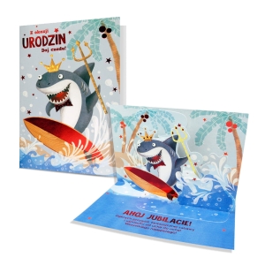 KARTKA URODZINOWA SURFUJĄCY REKIN ROZKŁADANA NIEBIESKA 17x12cm