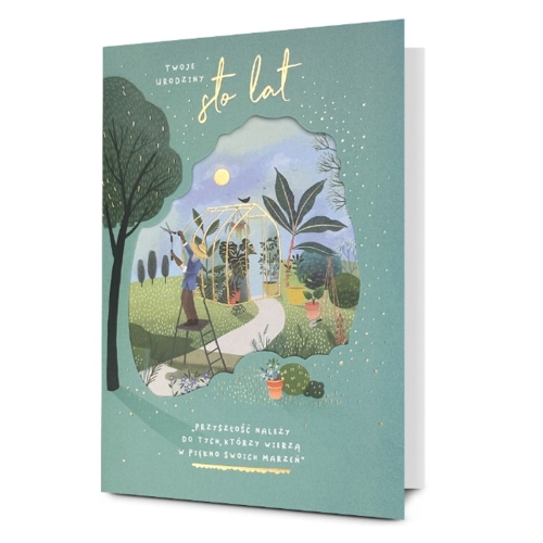 KARTKA URODZINOWA OGRODNIK CYTAT TURKUSOWA 19x13cm