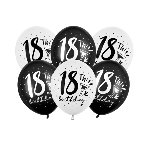 BALON PARTY DECO STRONG 18th BIRTHDAY BIAŁY CZARNY MIX 30cm 1szt