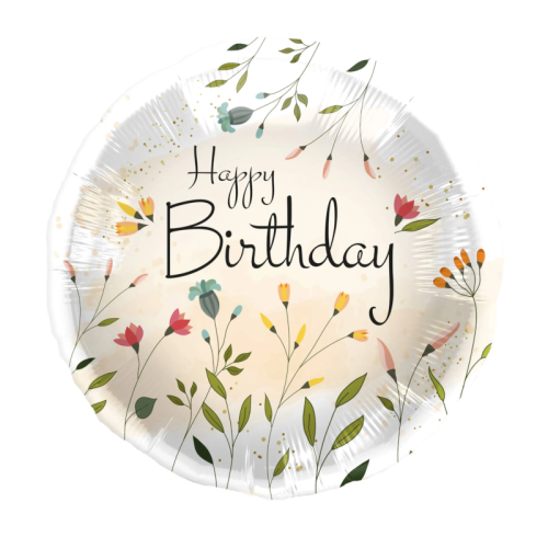 BALON FOLAT HAPPY BIRTHDAY KWIATY OKRĄGŁY BIAŁY 18'' 46cm