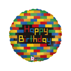 BALON GRABO HAPPY BIRTHDAY KLOCKI LEGO OKRĄGŁY KOLOROWY 18'' 46cm