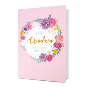 KARTKA URODZINOWA W DNIU URODZIN KWIATY RÓŻOWA 19x13cm