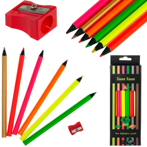 KREDKI OŁÓWKOWE NEONOWE 6szt + TEMPERÓWKA