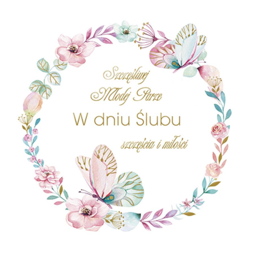 KARTKA ŚLUBNA W DNIU ŚLUBU OKRĄG KWIETNY MOTYLKI BIAŁA 15x15cm