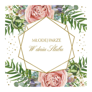 KARTKA ŚLUBNA W DNIU ŚLUBU HEKSAGON LISTKI KWIATY 15x15cm