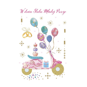 KARTKA ŚLUBNA W DNIU ŚLUBU SKUTER Z BALONAMI BIAŁA 17x12cm