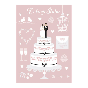 KARTKA ŚLUBNA Z OKAZJI ŚLUBU PARA MŁODA NA TORICIE RÓŻOWA 17x12cm