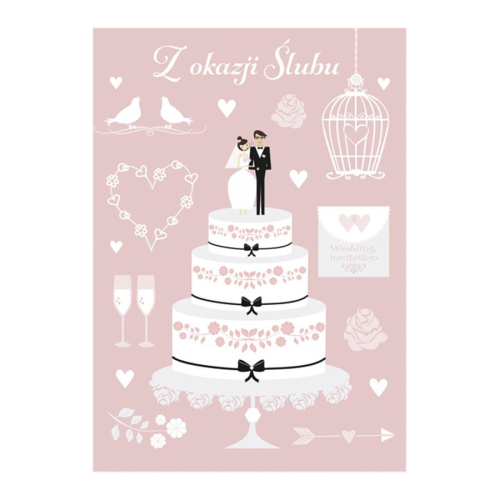 KARTKA ŚLUBNA Z OKAZJI ŚLUBU PARA MŁODA NA TORICIE RÓŻOWA 17x12cm