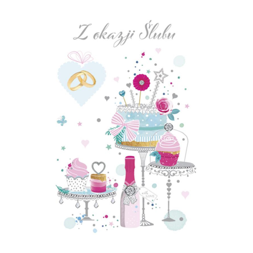 KARTKA ŚLUBNA Z OKAZJI ŚLUBU TORT SZAMPAN BABECZKI BIAŁA 17x12cm