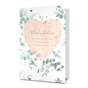 KARTKA ŚLUBNA MŁODEJ PARZE SERCE LISTKI BIAŁA 19x13cm
