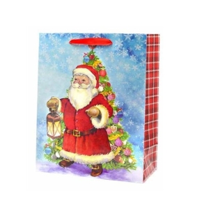 TOREBKA PREZENTOWA MIKOŁAJ PRZED CHOINKĄ BŁĘKITNA 32x26cm