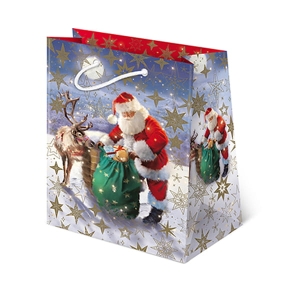 TOREBKA PREZENTOWA MIKOŁAJ Z RENIFEREM NIEBIESKA 56x41cm