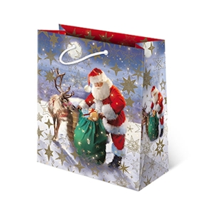 TOREBKA PREZENTOWA MIKOŁAJ Z RENIFEREM NIEBIESKA 24x20cm