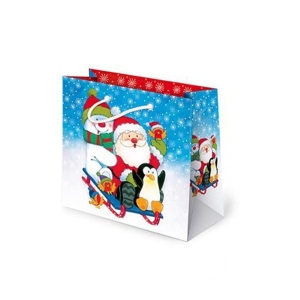 TOREBKA PREZENTOWA MIKOŁAJ Z BAŁWANKIEM SANKI NIEBIESKA 23x23cm