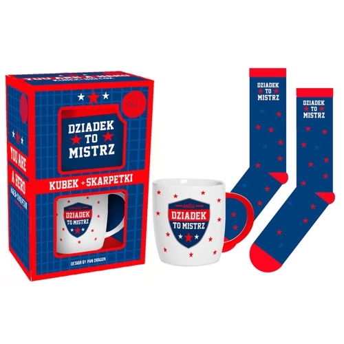 ZESTAW KUBEK + SKARPETY MÓJ DZIADEK TO MISTRZ BIAŁO-GRANATOWY