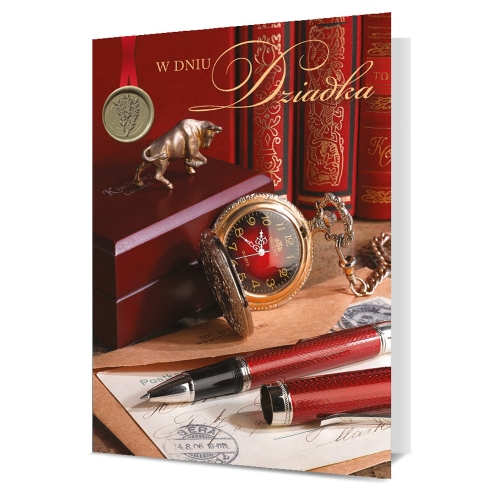 KARTKA DZIEŃ DZIADKA ZEGAREK KIESZONKOWY CZERWONA 17x12cm