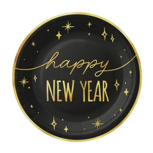 TALERZYKI PAPIEROWE HAPPY NEW YEAR CZARNE 18cm 6szt