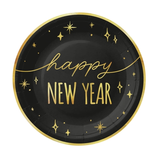 TALERZYKI PAPIEROWE HAPPY NEW YEAR CZARNE 18cm 6szt