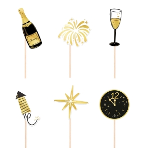 KARTECZKI NA PIKU TOPPER HAPPY NEW YEAR CZARNO-ZŁOTE 6szt
