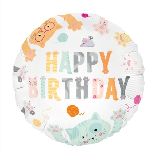 BALON PARTY PAL KOTKI HAPPY BIRTHDAY OKRĄGŁY BIAŁY 18'' 45cm