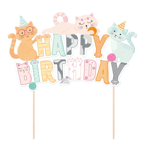 KARTECZKA NA PIKU TOPPER HAPPY BIRTHDAY KOTKI KOLOROWA 14,5cm
