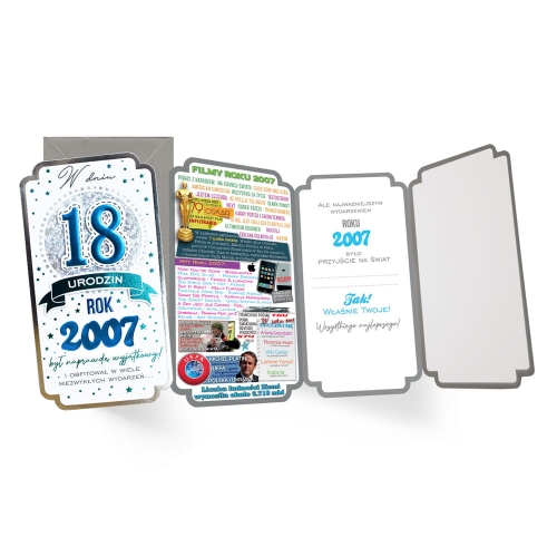 KARTKA 18 URODZINY ROK 2007 SREBRNO-NIEBIESKA 11x21,5cm