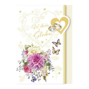 KARTKA ŚLUBNA W DNIU ŚLUBU KWIATY OBRĄCZKI MOTYLKI BIAŁA 17x12cm