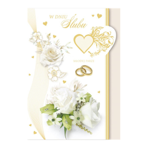 KARTKA ŚLUBNA W DNIU ŚLUBU RÓŻE OBRĄCZKI BIAŁO-ZŁOTA 17x12cm