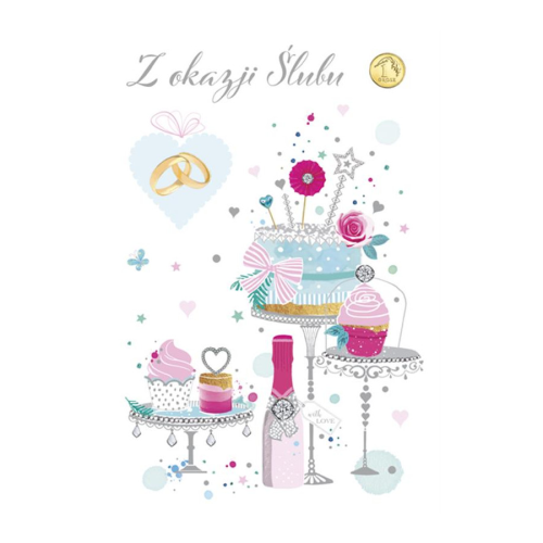 KARTKA ŚLUBNA Z OKAZJI ŚLUBU TORT BABECZKI GROSIK BIAŁA 20x14cm