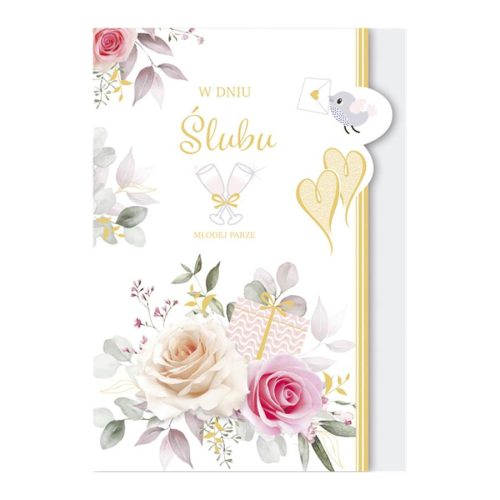 KARTKA ŚLUBNA W DNIU ŚLUBU RÓŻE KIELISZKI PTASZEK BIAŁA 17x12cm
