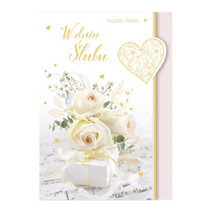 KARTKA ŚLUBNA W DNIU ŚLUBU RÓŻE SERCE BIAŁA 17x12cm