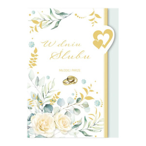 KARTKA ŚLUBNA W DNIU ŚLUBU RÓŻE LISTKI OBRĄCZKI BIAŁA 17x12cm
