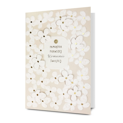 KARTKA KOMUNIA PAMIĄTKA KOMUNII KWIATKI BEŻOWA 19x13cm