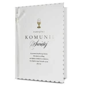 KARTKA KOMUNIA ŚWIĘTA KIELICH WSTĄŻKA BIAŁA 19x13cm