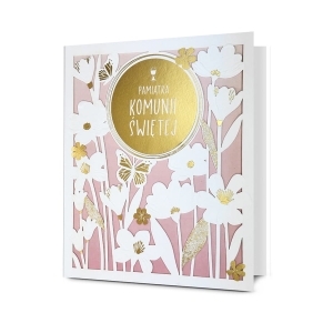 KARTKA KOMUNIA PAMIĄTKA KOMUNII KWIATY MOTYLE BIAŁO-RÓŻOWA 18x16cm
