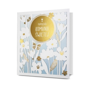 KARTKA KOMUNIA PAMIĄTKA KOMUNII KWIATY MOTYLE BIAŁO-BŁĘKITNA 18x16cm