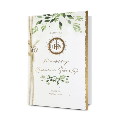 KARTKA KOMUNIA PAMIĄTKA KOMUNII SZNUREK LISTKI BIAŁA 19x13cm