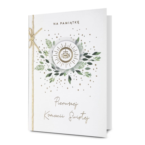 KARTKA KOMUNIA PAMIĄTKA KOMUNII SZNUREK LISTKI BIAŁA 19x13cm