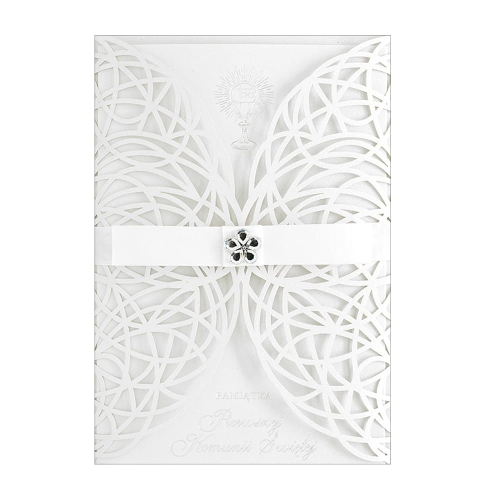 KARTKA KOMUNIA ŚWIĘTA WSTĄŻKA KWIATEK BIAŁA 19x13cm