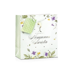 TOREBKA PREZENTOWA KOMUNIA IHS KWIATKI LISTKI JASNO-ZIELONA 15x15cm
