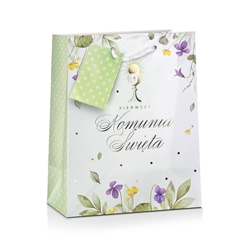 TOREBKA PREZENTOWA KOMUNIA IHS KWIATKI LISTKI BIAŁA 32x26cm