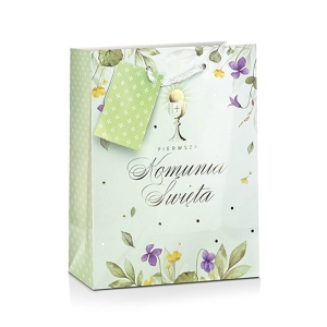 TOREBKA PREZENTOWA KOMUNIA IHS KWIATKI LISTKI JASNOZIELONA 23x18cm