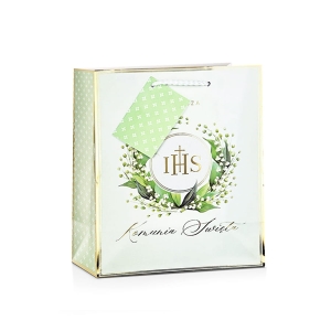 TOREBKA PREZENTOWA KOMUNIA IHS KONWALIE BIAŁO-ZIELONA 15x15cm