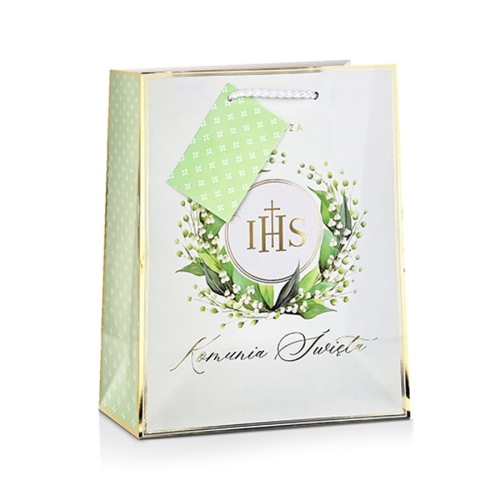 TOREBKA PREZENTOWA KOMUNIA KONWALIE BIAŁO-ZIELONA 32x26cm