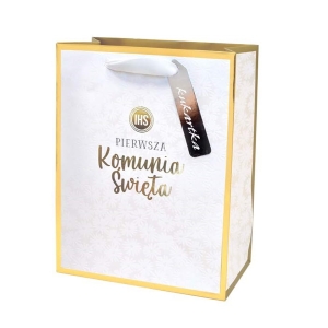 TOREBKA PREZENTOWA KOMUNIA KWIATY BIAŁO-ZŁOTA 32x26cm