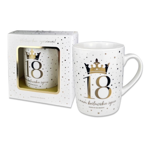 KUBEK 18 URODZINY KORONA GWIAZDKI BIAŁY 330ml